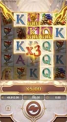 Midas Fortune · Melihat indikator banner teks berjalan dan pengali kemenangan di atas kisi.